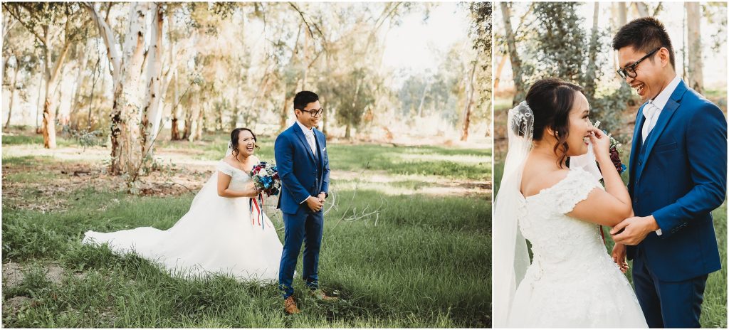 Bride and groom during first look by Temecula Wedding Photographer
