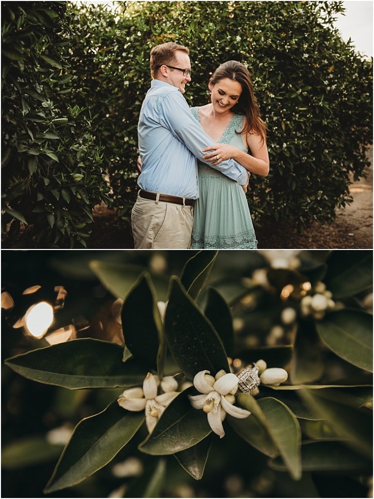 couple in orange groves at California Citrus State Historic Park in Riverside, CA by Dallas Wedding Photographer for their engagement session 