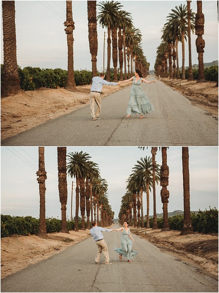 couple playing in orange groves at California Citrus State Historic Park in Riverside, CA by Dallas Wedding Photographer for their engagement session 