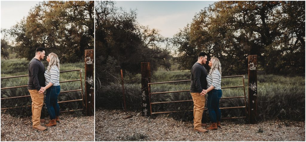 couple at Owl Creek Farms Foundation a Temecula wedding venue for their engagement session during sunset