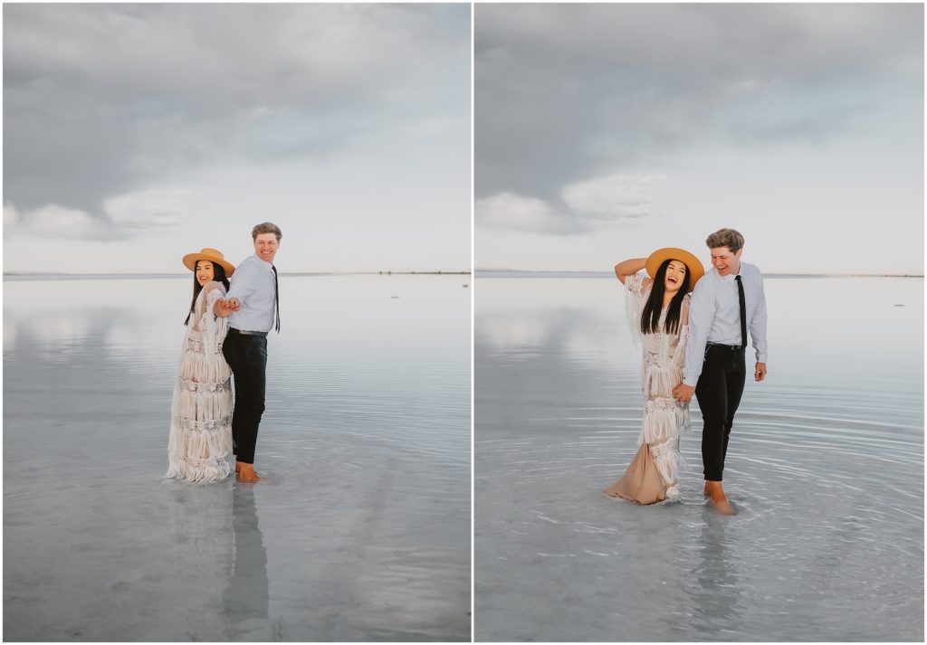Winter Bonneville Salt Flat Engagement Session by Destination Wedding Photographer Kyrsten Ashlay Photography