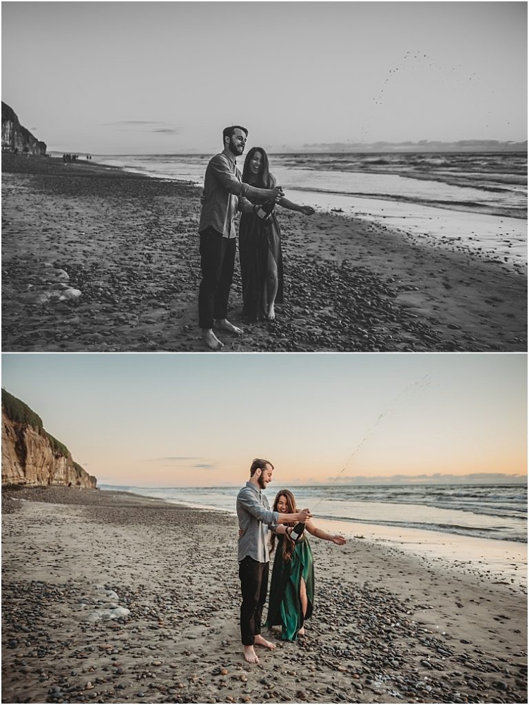 June and Christian beach engagement session in Encinitas, Ca champagne pop during beach engagement session in Encinitas, Ca