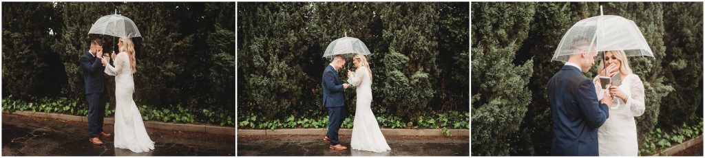 Bride and groom during first look at The Riverbed Farm in Anaheim, CA