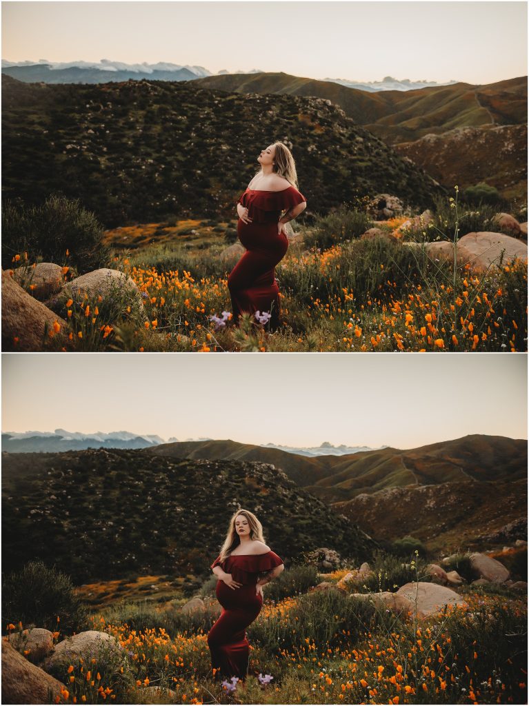 Temecula Murrieta maternity photoshoot during sunset during 2019 Superbloom at Walker Canyon