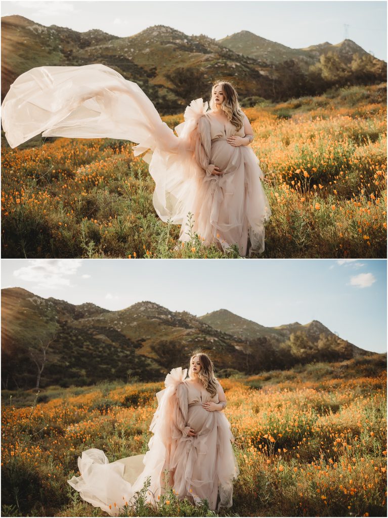 Temecula Murrieta maternity photoshoot during sunset during 2019 Superbloom at Walker Canyon