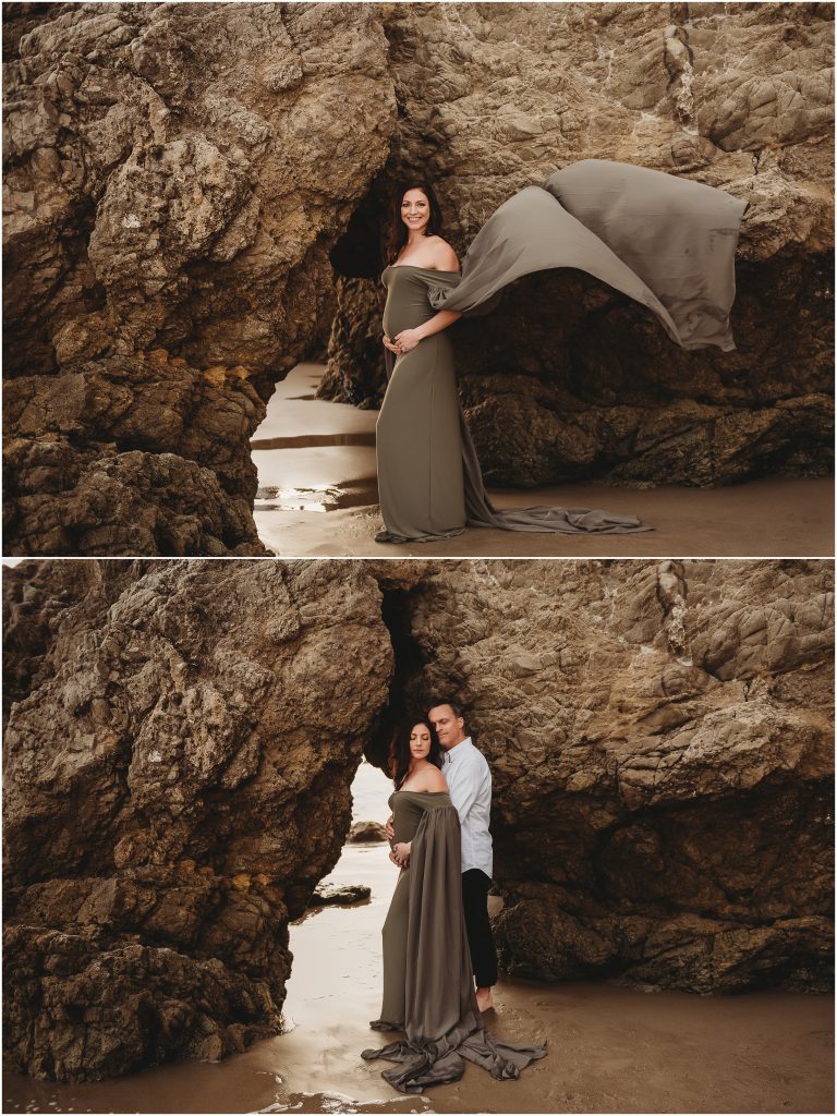 Couple during maternity photos at El Matador Beach in Malibu, CA during sunset