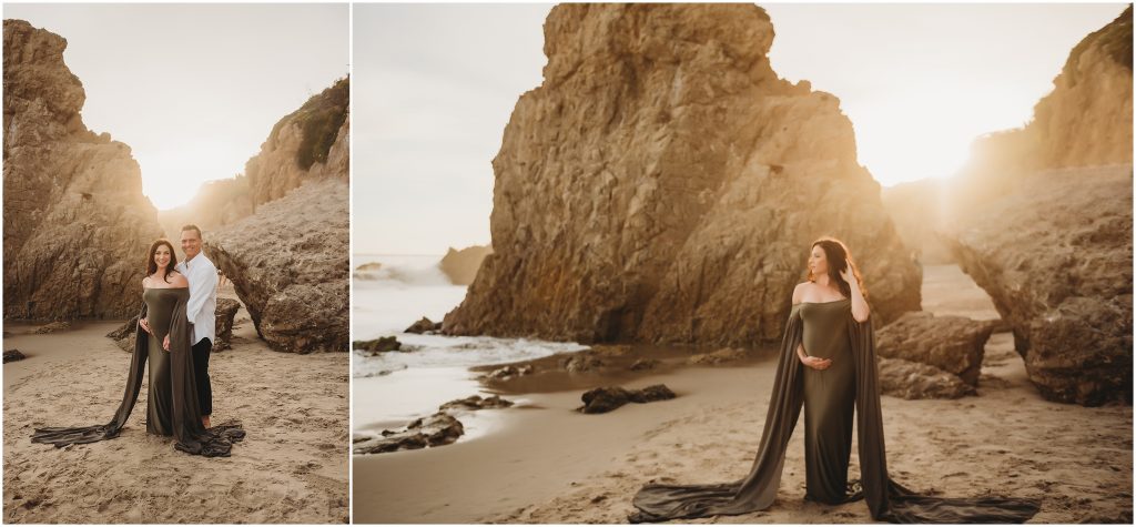 Couple during maternity photos at El Matador Beach in Malibu, CA during sunset