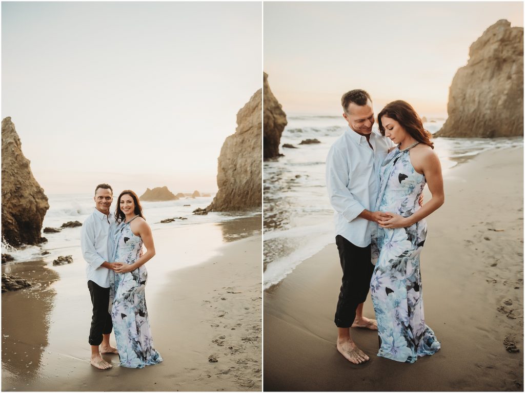Couple during maternity photos at El Matador Beach in Malibu, CA during sunset