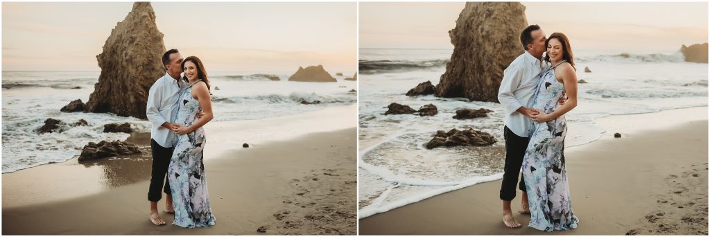 Couple during maternity photos at El Matador Beach in Malibu, CA during sunset