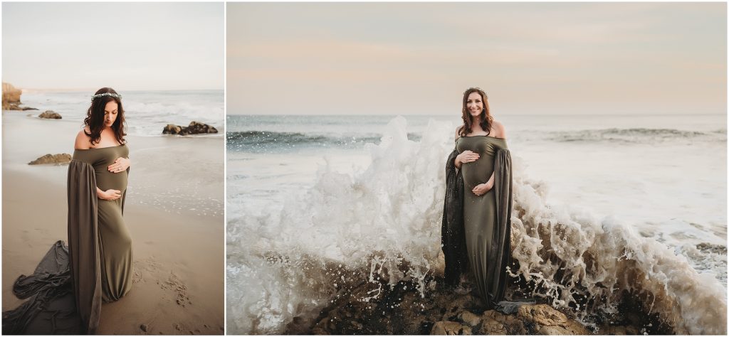 Couple during maternity photos at El Matador Beach in Malibu, CA during sunset