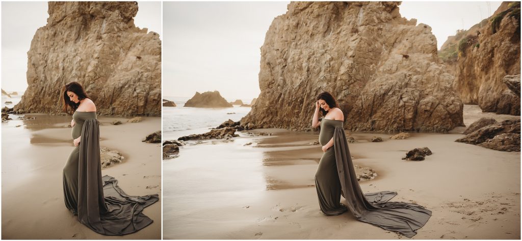 Couple during maternity photos at El Matador Beach in Malibu, CA during sunset