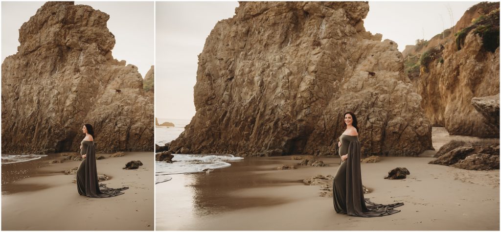 Couple during maternity photos at El Matador Beach in Malibu, CA during sunset