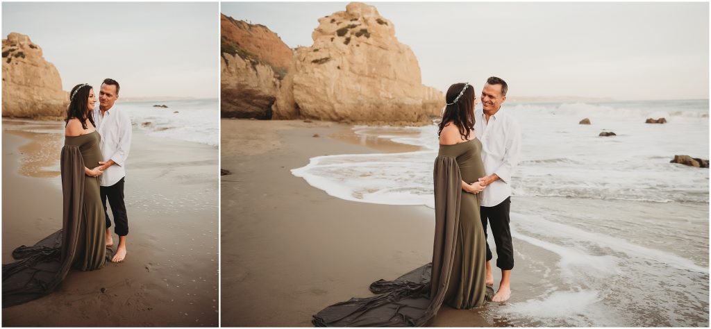 Couple during maternity photos at El Matador Beach in Malibu, CA during sunset