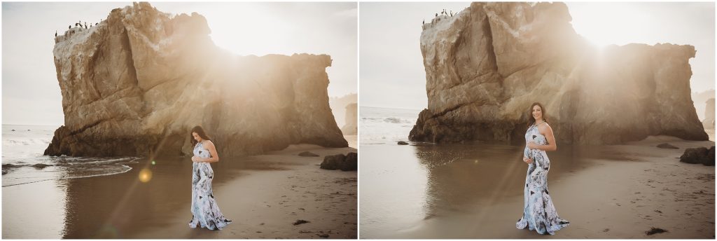 Maternity photos at El Matador Beach in Malibu, CA during sunset