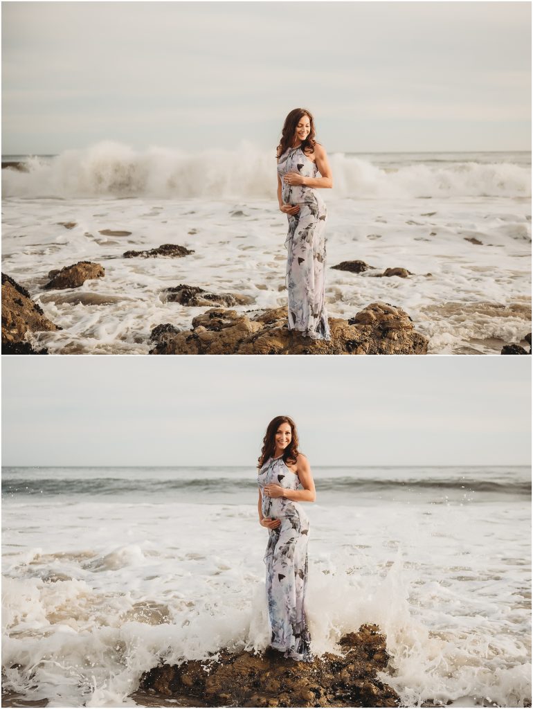 Couple during maternity photos at El Matador Beach in Malibu, CA during sunset