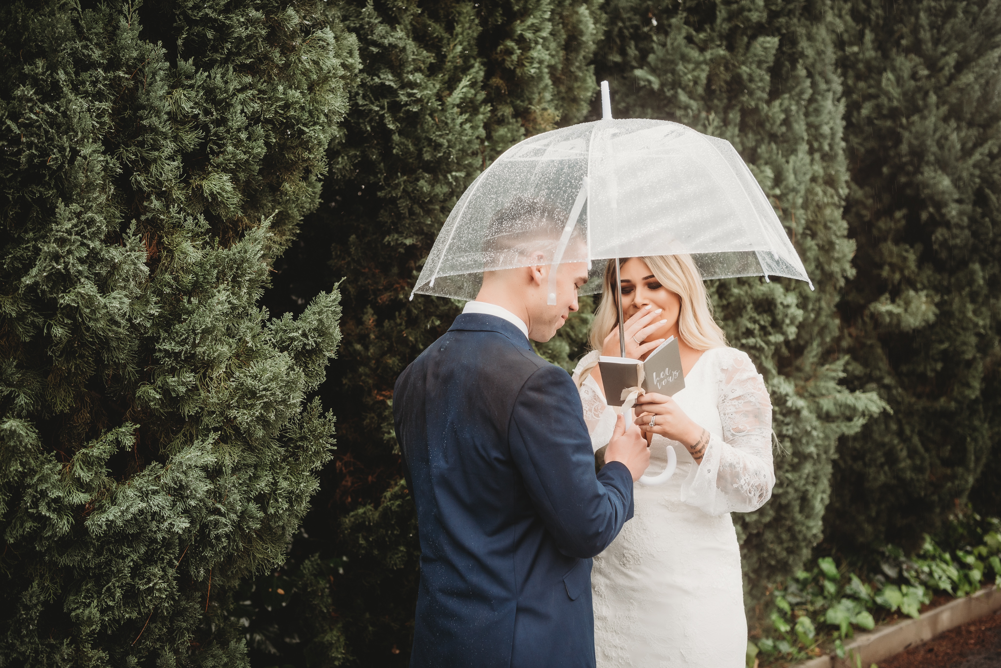 bride and groom first look at The Riverbed Farm in Anaheim, CA