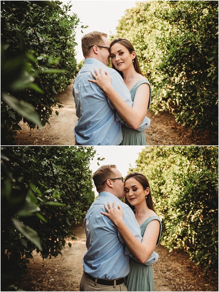 couple in orange groves at California Citrus State Historic Park in Riverside, CA by Dallas Wedding Photographer for their engagement session 