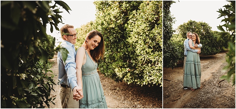 couple in orange groves at California Citrus State Historic Park in Riverside, CA by Dallas Wedding Photographer for their engagement session 
