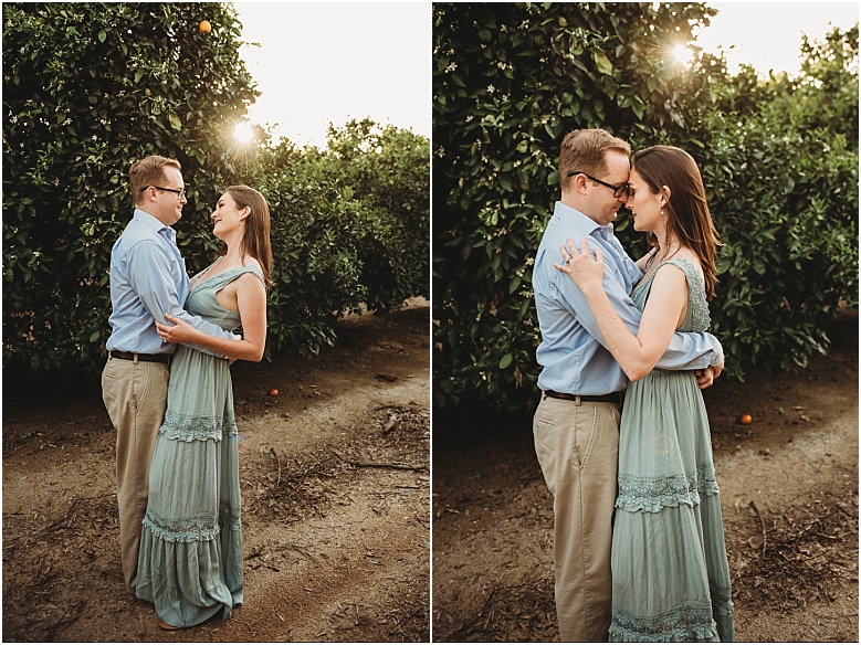 couple in orange groves at California Citrus State Historic Park in Riverside, CA by Dallas Wedding Photographer for their engagement session 