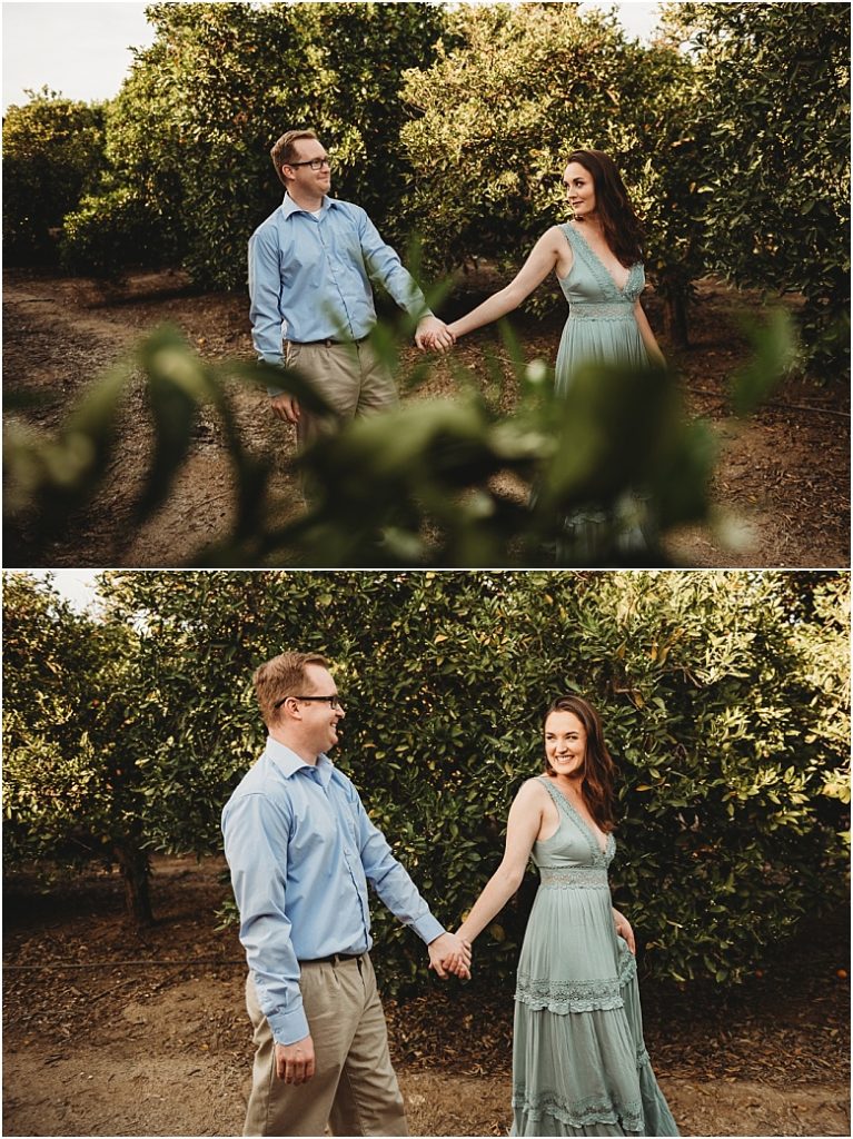 couple in orange groves at California Citrus State Historic Park in Riverside, CA by Dallas Wedding Photographer for their engagement session 