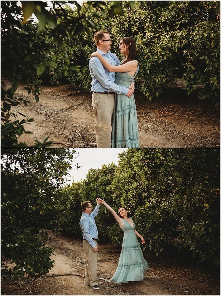 couple dancing in orange groves at California Citrus State Historic Park in Riverside, CA by Dallas Wedding Photographer for their engagement session 