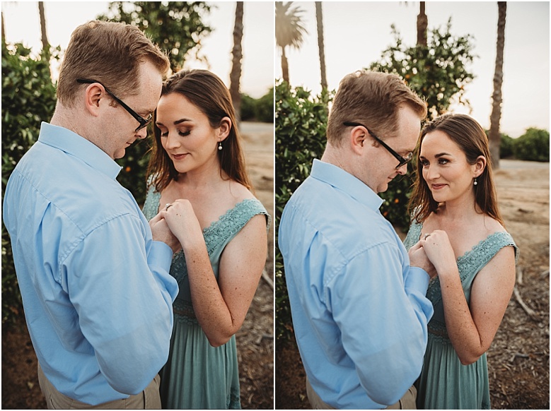couple in orange groves at California Citrus State Historic Park in Riverside, CA by Dallas Wedding Photographer for their engagement session 