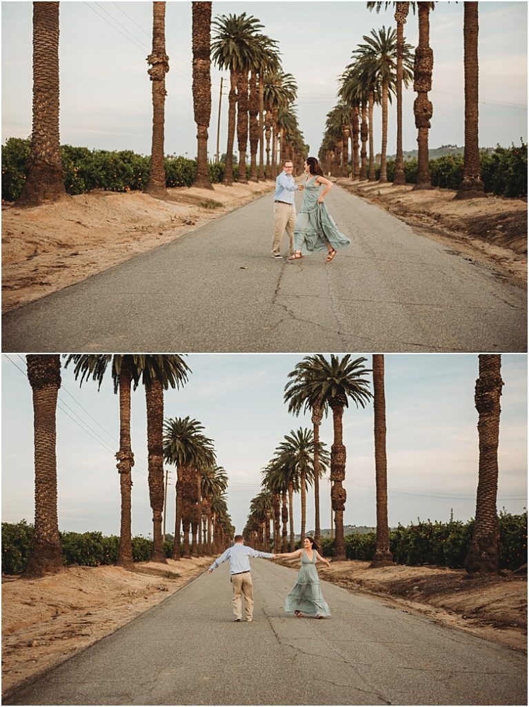 couple playing in orange groves at California Citrus State Historic Park in Riverside, CA by Dallas Wedding Photographer for their engagement session 