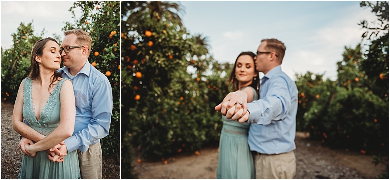 couple in orange groves at California Citrus State Historic Park in Riverside, CA by Dallas Wedding Photographer for their engagement session 