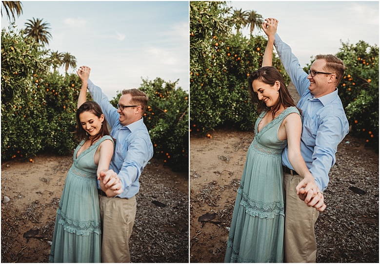 couple dancing in orange groves at California Citrus State Historic Park in Riverside, CA by Dallas Wedding Photographer for their engagement session 