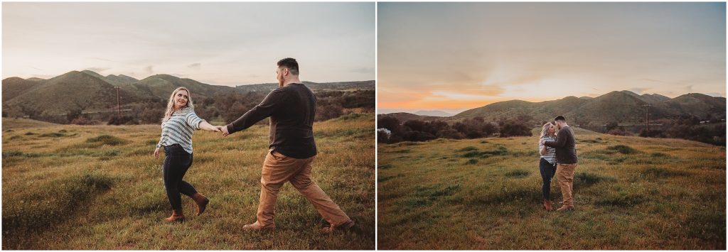 couple at Owl Creek Farms Foundation a Temecula wedding venue for their engagement session during sunset