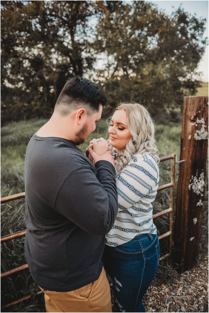 couple at Owl Creek Farms Foundation a Temecula wedding venue for their engagement session during sunset