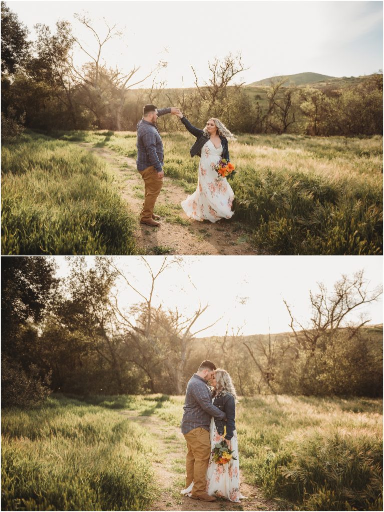couple at Owl Creek Farms Foundation a Temecula wedding venue for their engagement session during sunset