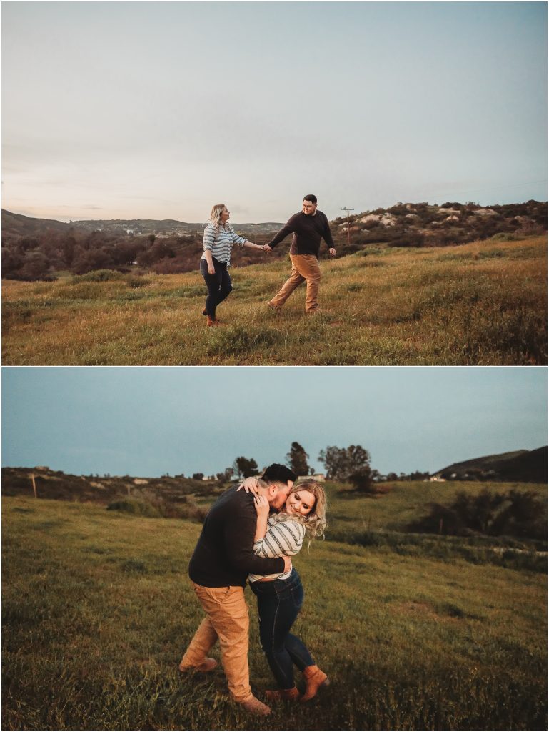 couple at Owl Creek Farms Foundation a Temecula wedding venue for their engagement session during sunset