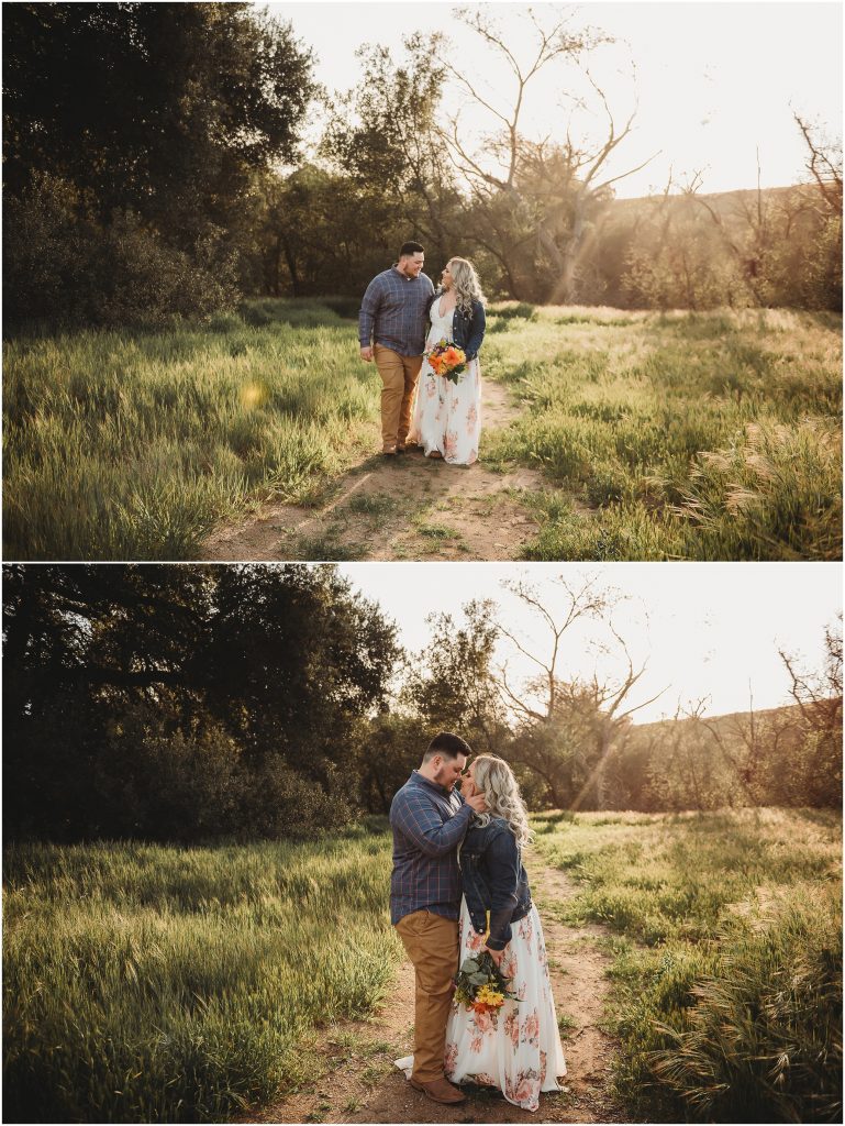 couple at Owl Creek Farms Foundation a Temecula wedding venue for their engagement session during sunset