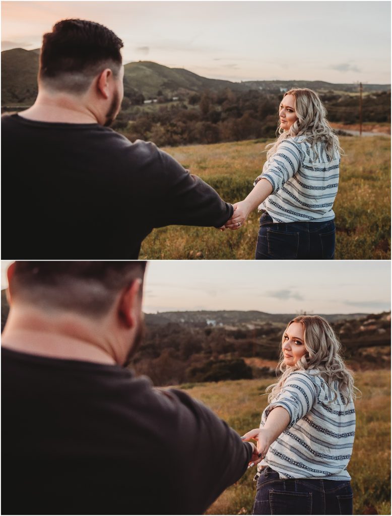 couple at Owl Creek Farms Foundation a Temecula wedding venue for their engagement session during sunset