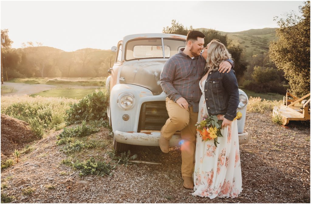couple at Owl Creek Farms Foundation a Temecula wedding venue for their engagement session during sunset