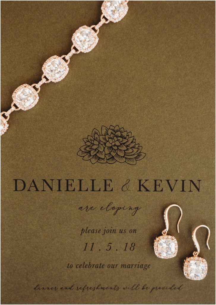 olive wedding invitation by Something Lettered and wedding jewelry