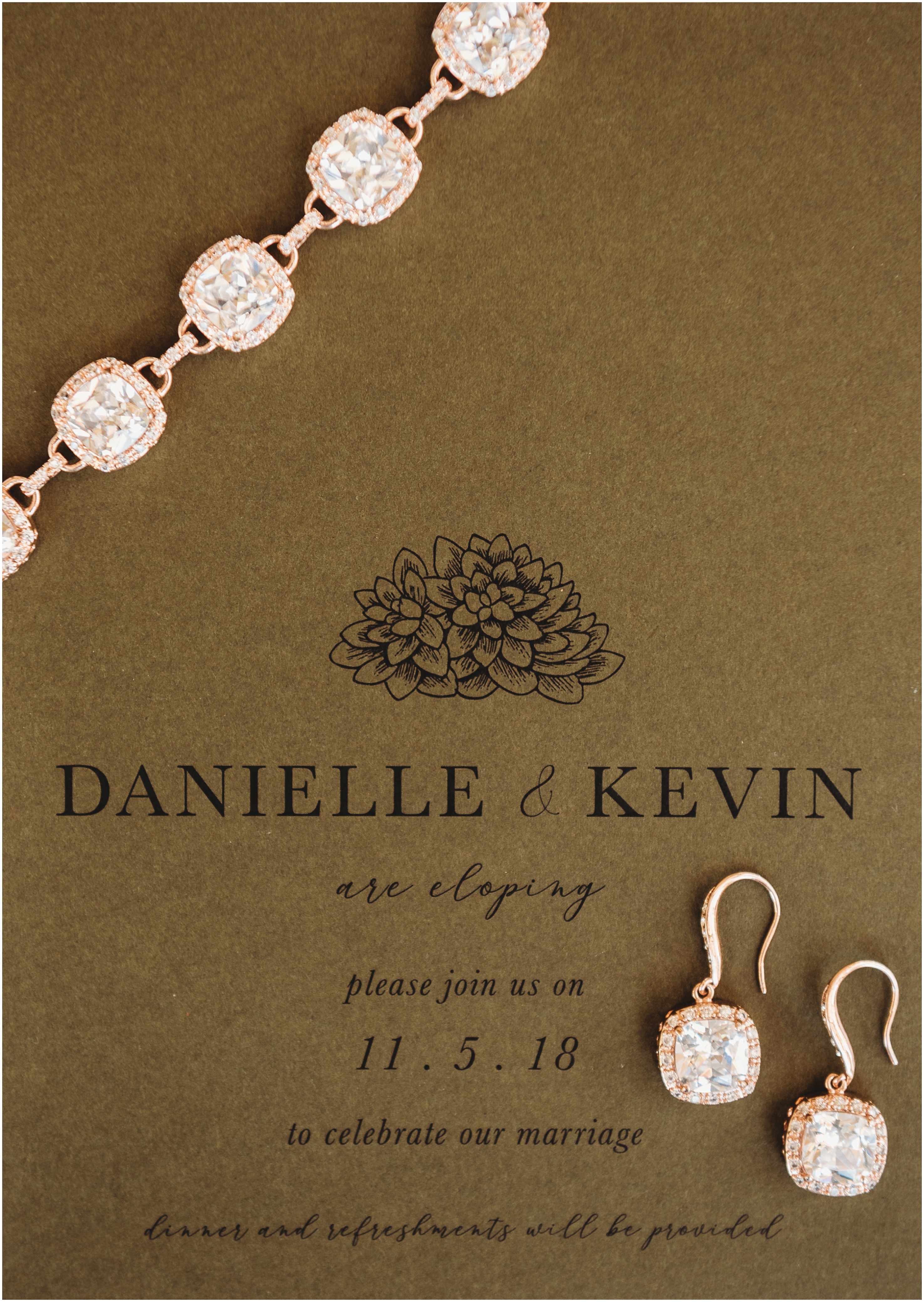 olive wedding invitation by Something Lettered and wedding jewelry