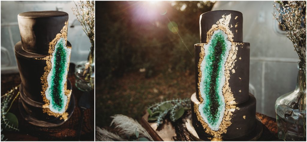 black and emerald geode 2 tiered wedding cake by Dallas Wedding Photographer
