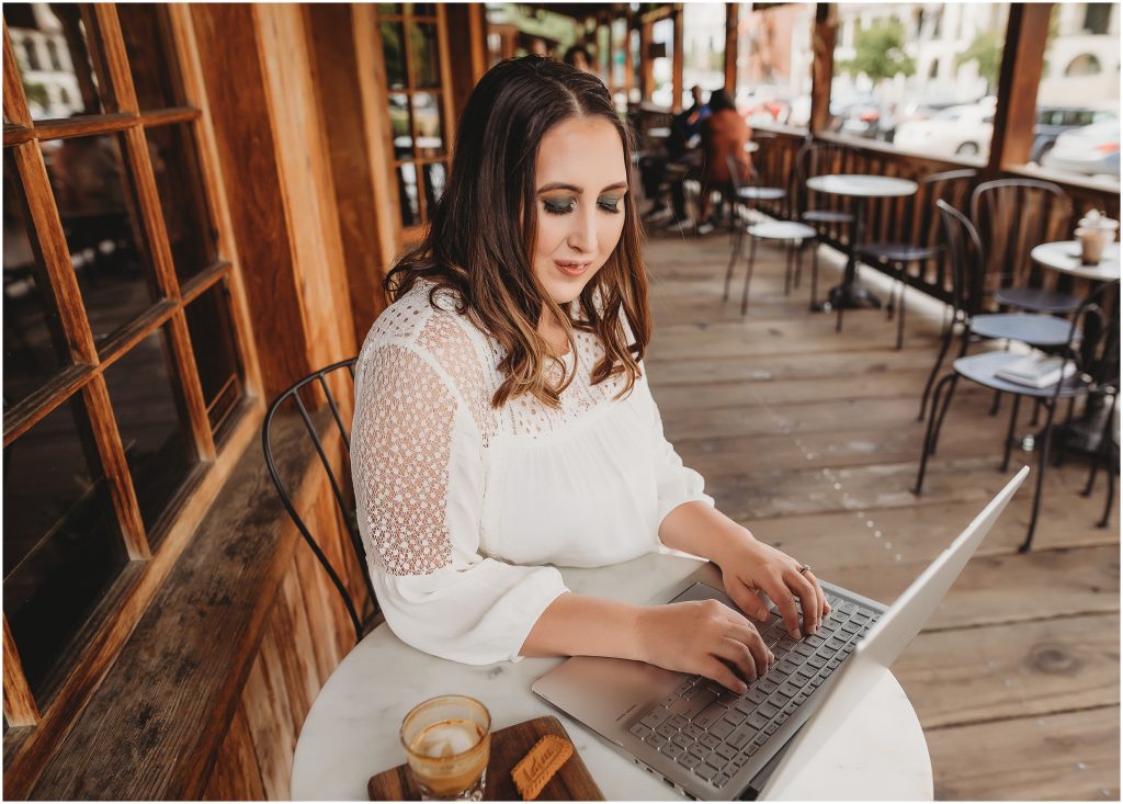3 reasons wedding photographers should blog - branding session in coffee shop for Dallas wedding photographer