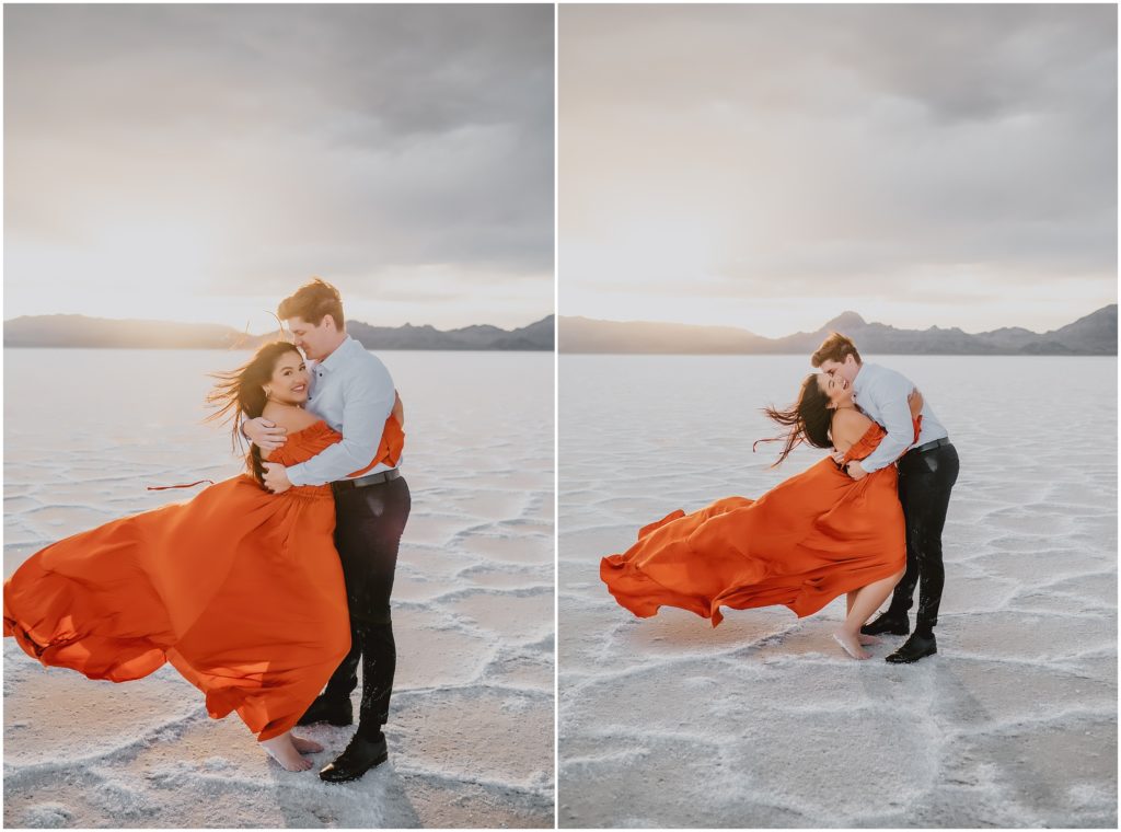 Winter Bonneville Salt Flat Engagement Session by Destination Wedding Photographer Kyrsten Ashlay Photography