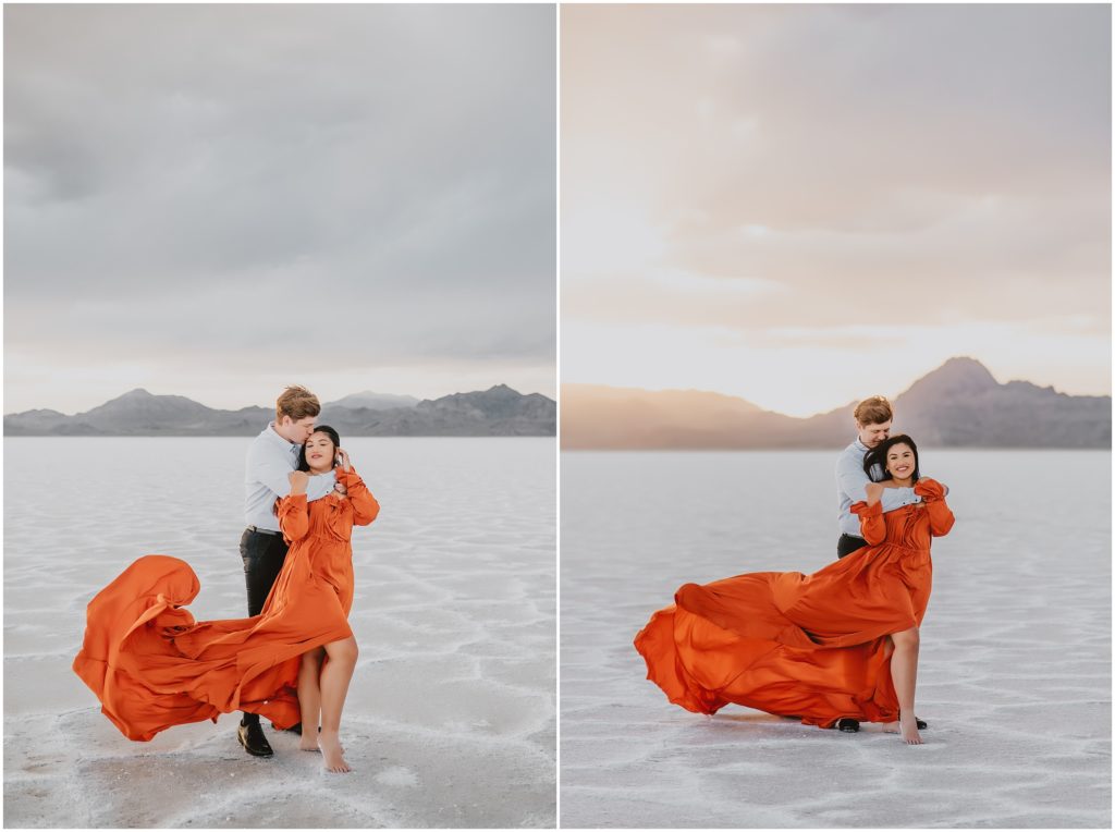 Winter Bonneville Salt Flat Engagement Session by Destination Wedding Photographer Kyrsten Ashlay Photography