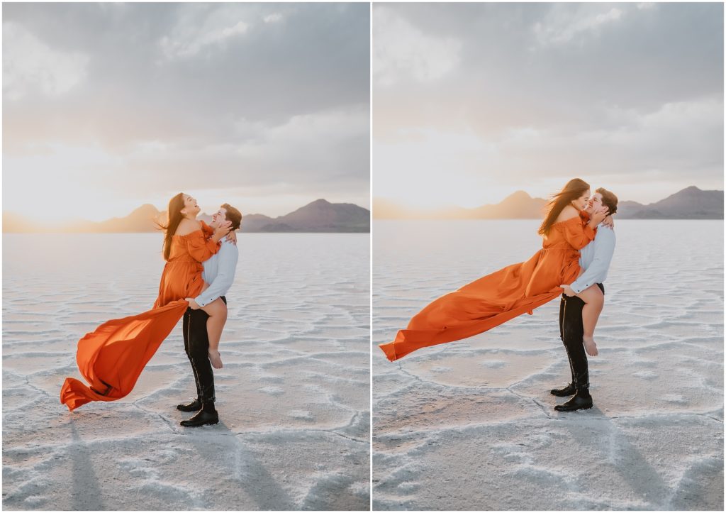 Winter Bonneville Salt Flat Engagement Session by Destination Wedding Photographer Kyrsten Ashlay Photography