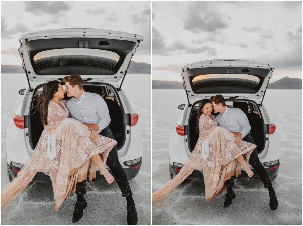 Winter Bonneville Salt Flat Engagement Session by Destination Wedding Photographer Kyrsten Ashlay Photography
