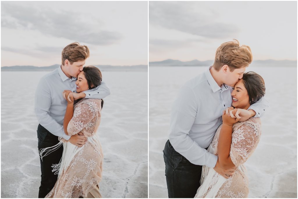 Winter Bonneville Salt Flat Engagement Session by Destination Wedding Photographer Kyrsten Ashlay Photography