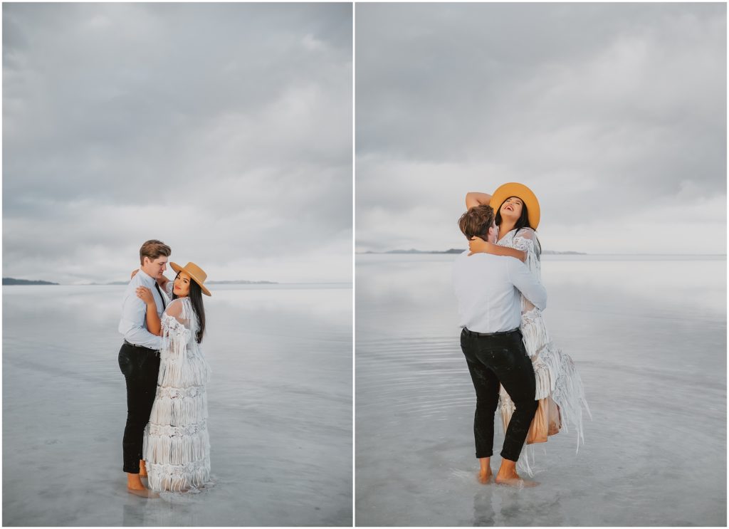 Winter Bonneville Salt Flat Engagement Session by Destination Wedding Photographer Kyrsten Ashlay Photography