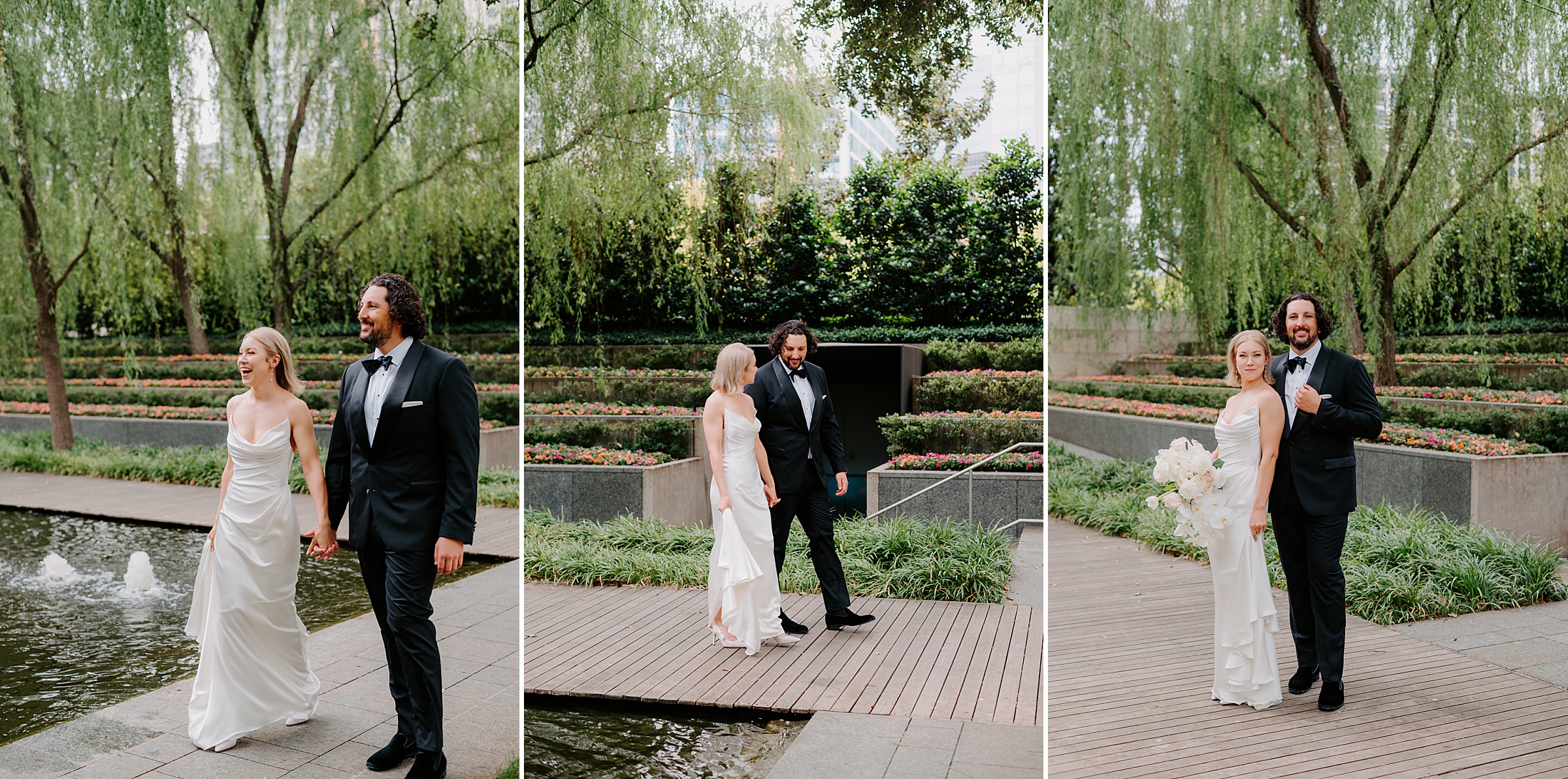 Newlyweds walking through the Nasher Sculpture Center garden in Dallas