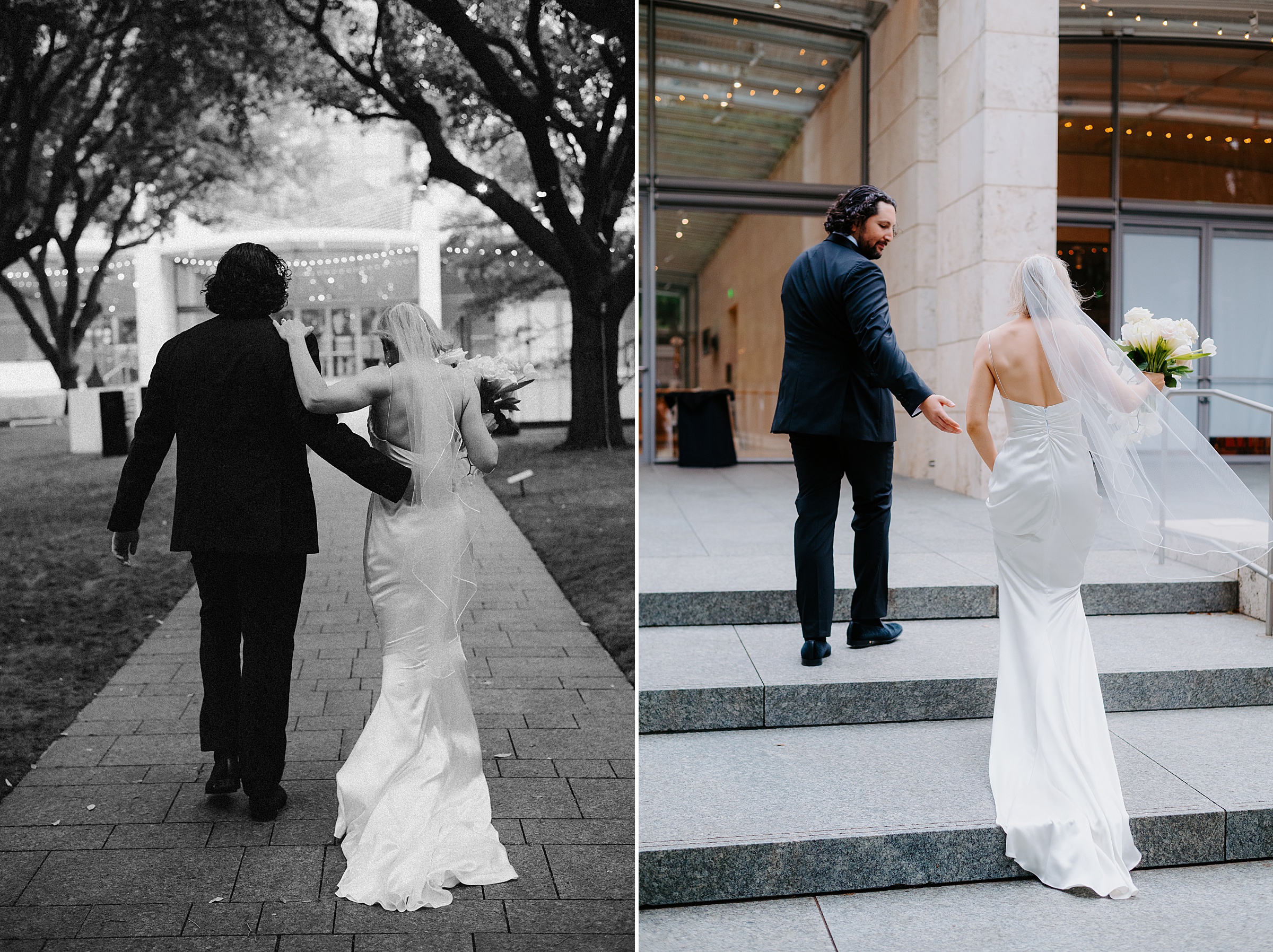 Bride and groom sharing a private moment after ceremony at the Nasher Sculpture Center