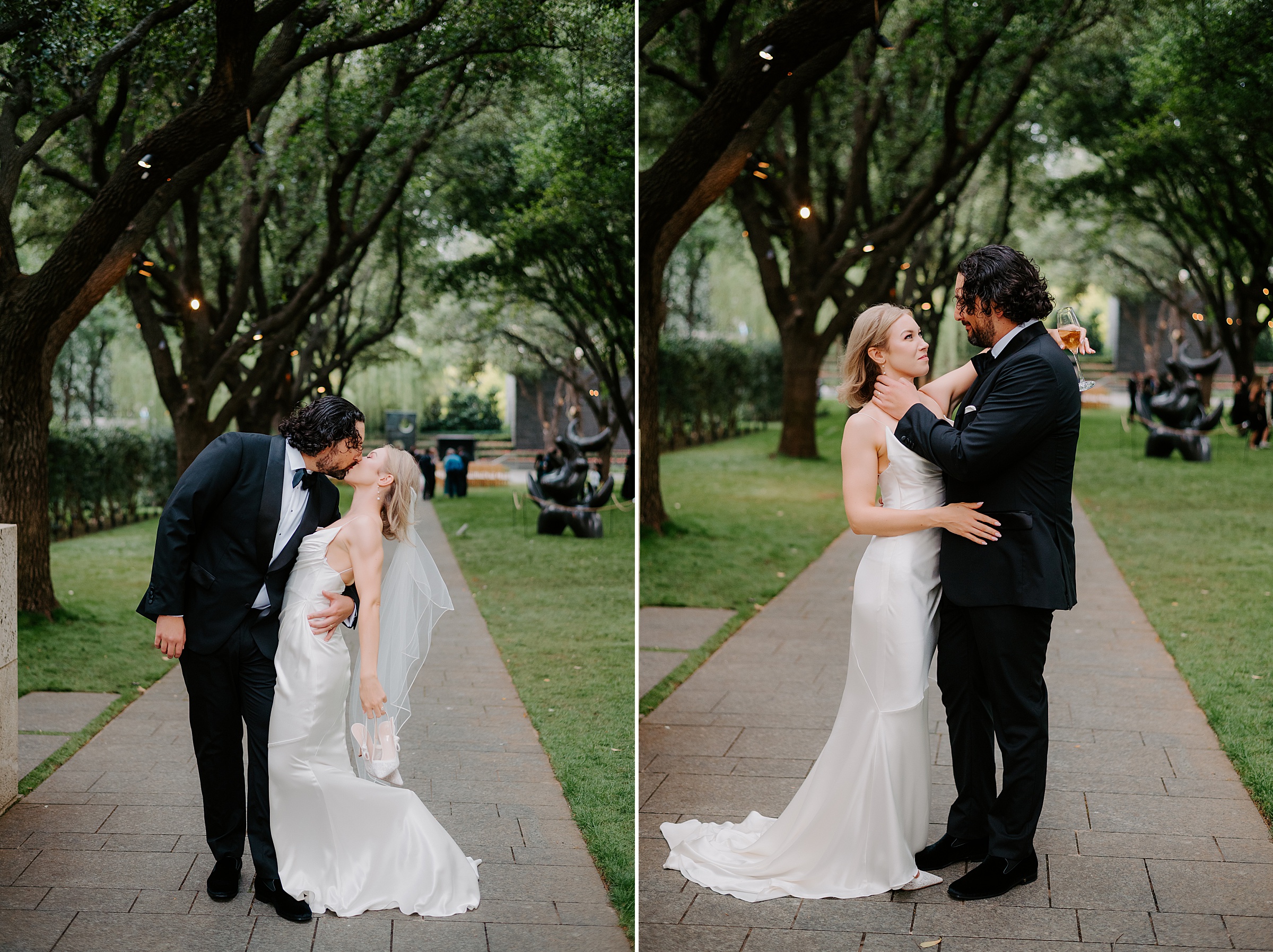 Bride and groom sharing a private moment after ceremony at the Nasher Sculpture Center