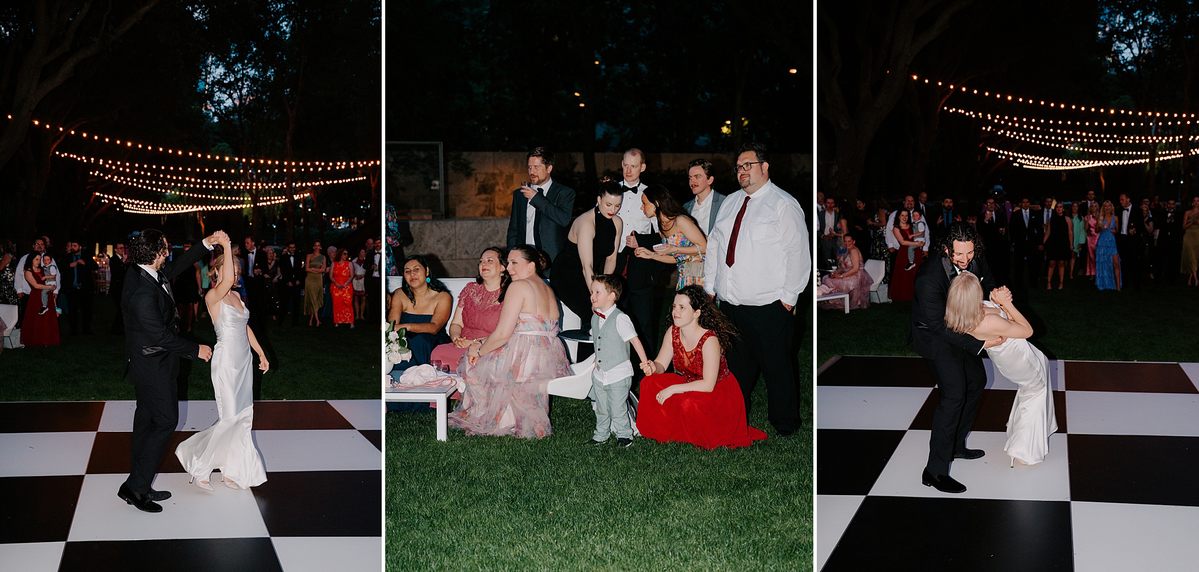 Evening wedding reception at the Nasher Sculpture Center with guests celebrating